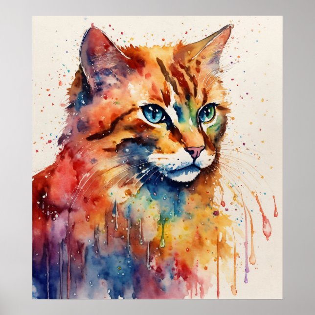 Poster de parede de aquarela colorida de gata colo (Frente)