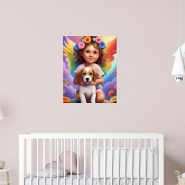 Poster de Parede Menina Anjo Colorido com Cachorro