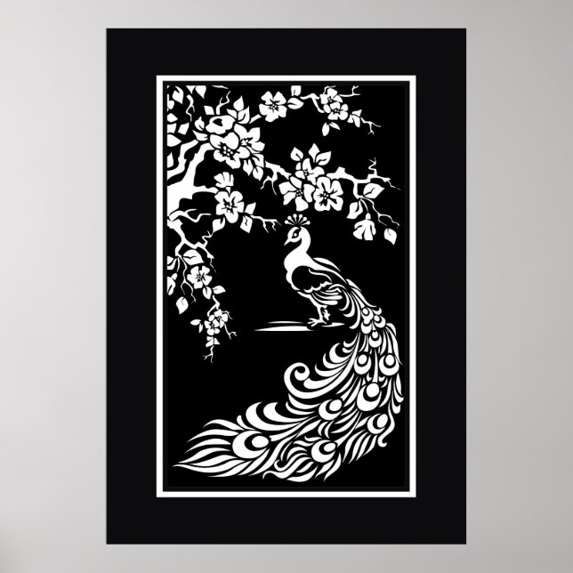 Poster de pavão branco preto e flores de cereja (Frente)