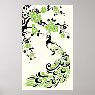 Poster de pavão verde-preto e flores de cereja
