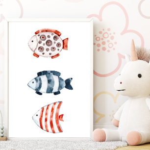 Pôster de peixes vermelhos e azuis sob o mar