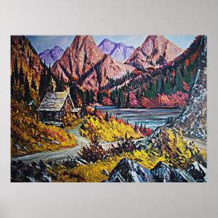 Poster de pintura a óleo de cabana junto ao lago