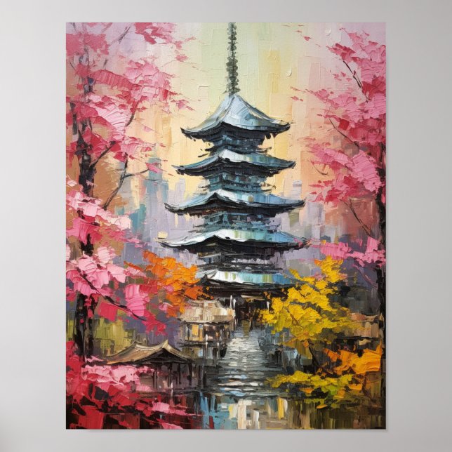 Poster de pintura a óleo de Pagoda Japonês (Frente)