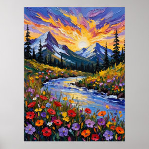 Poster de pintura a óleo solar de montanha vibrant