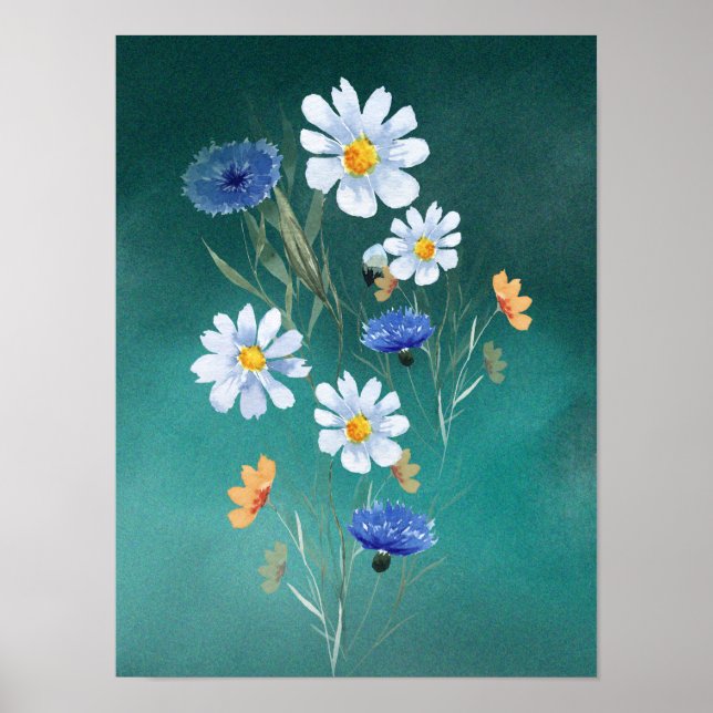 Poster de pintura aquosa de flor silvestre azul (Frente)