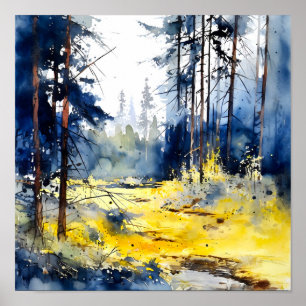 Poster de Pintura da Floresta Amarela Azul