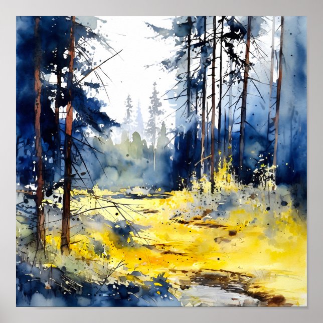 Poster de Pintura da Floresta Amarela Azul (Frente)