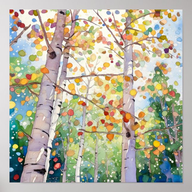 Poster de Pintura de Aquarela da Floresta de Birch (Frente)