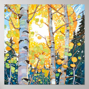 Poster de pintura de aquarela de floresta solar