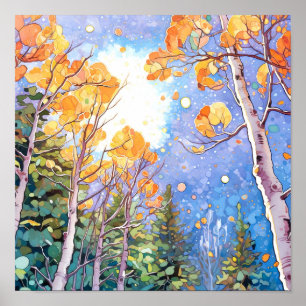 Poster de pintura de aquarela de floresta solar
