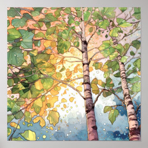 Poster de pintura de aquarela de floresta solar