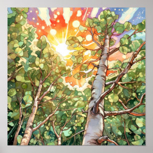 Poster de pintura de aquarela de floresta solar