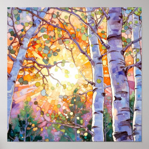 Poster de pintura de aquarela de floresta solar