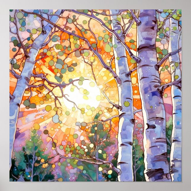 Poster de pintura de aquarela de floresta solar (Frente)