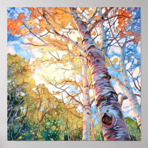 Poster de pintura de aquarela de floresta solar