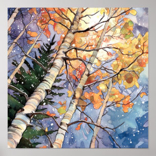 Poster de pintura de aquarela de floresta solar