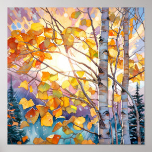 Poster de pintura de aquarela de floresta solar