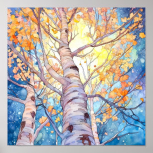 Poster de pintura de aquarela de floresta solar