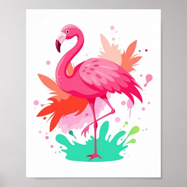 Poster de Pintura Flamingo, Cor de Água Rosa (Frente)