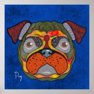 Poster de pintura manual com cão Pug Louco