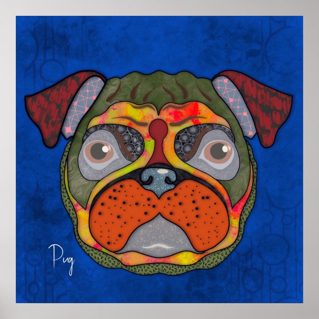 Poster de pintura manual com cão Pug Louco (Frente)