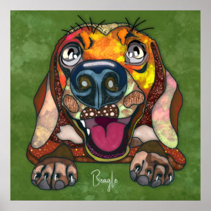 Poster de pintura manual de um cão de Beagle louco