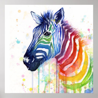 Poster de pintura por aquarela Zebra Rainbow