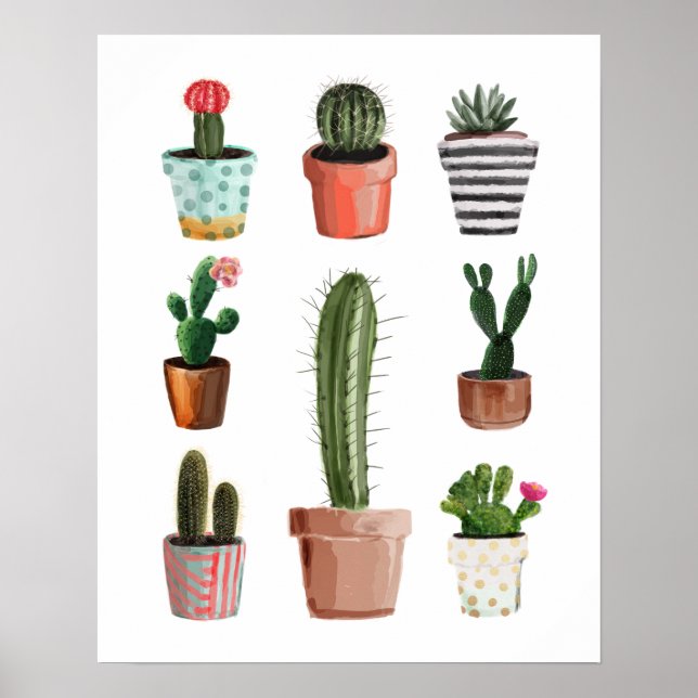 Poster de Plantas de Cactus Aquarela (Frente)