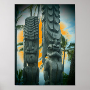 Poster de pôr do sol de uma estátua tropical de 
