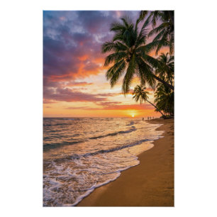 Pôster de Praia do Pôr do Sol Tropical Dourado