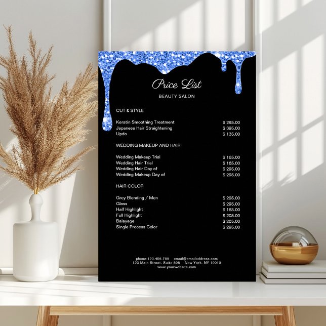 Poster de Pré-escuta de Brilhante Azul Moderno (Modern Blue Black Glitter Pricelist Poster)