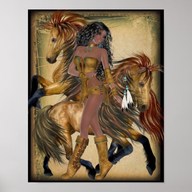 Poster de princesa indiana americana e cavalos (Frente)