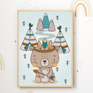 Pôster de quarto infantil com urso nativo american