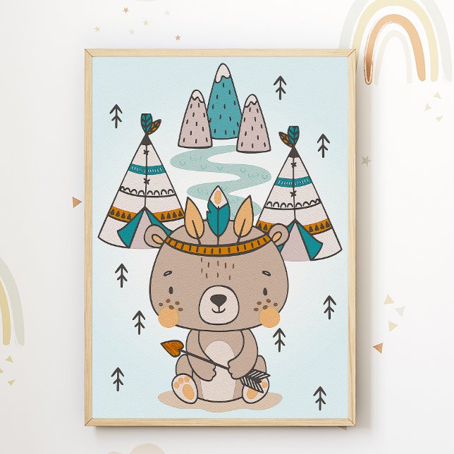 Pôster de quarto infantil com urso nativo american (Criador carregado)
