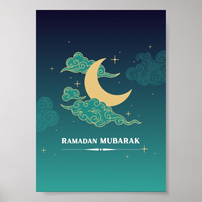 Poster de Ramadã Mubarak Moderno Azul (Frente)