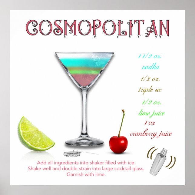 Poster de Receita de Cocktail Vintage Cosmopolita (Frente)