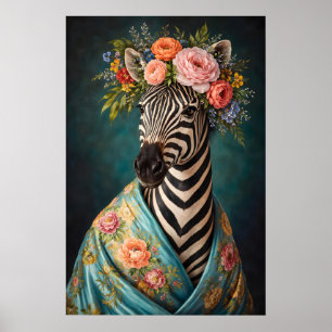 Pôster de retrato de zebra floral, maximalista bot