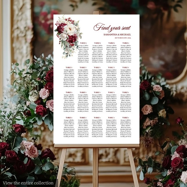 Poster de Rosa de Casamento Elegante Boho Burgundy (Elegant Boho Burgundy Rose Wedding Seating Poster)