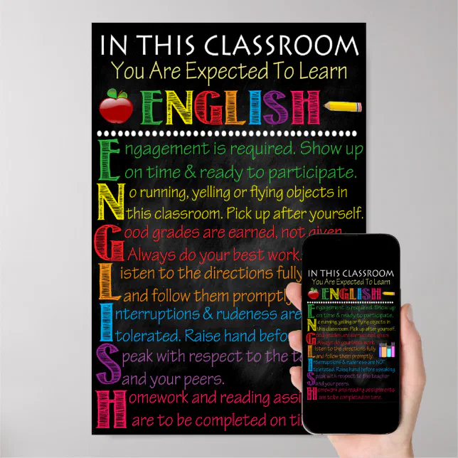 Poster de sala de aula em inglês