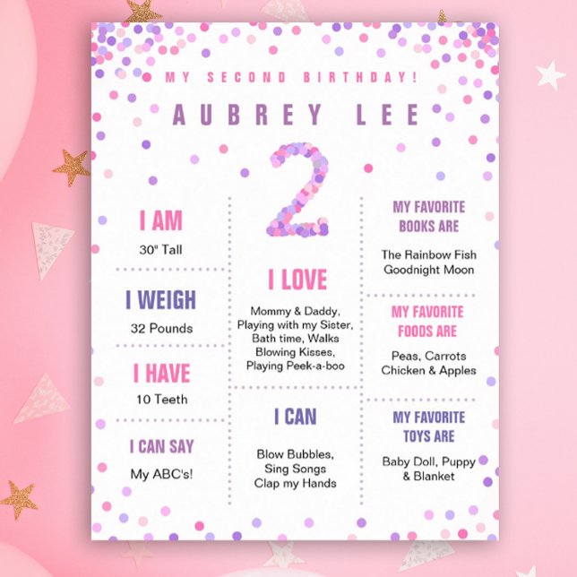 Poster de segundo aniversário do Rainbow Confetti (Milestone poster with pink and purple confetti for your 2 year old's birthday!)