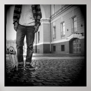 poster de skate preto e branco da antiga escola do