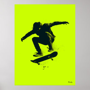 Pôster de Skate – Silhueta Preta em Verde Neon