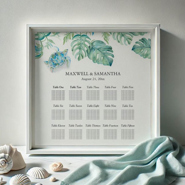 Poster de Tartaruga-do-mar (wedding seating chart watercolor sea turtle and palm leaves by Victoria Grigaliunas Do Tell A Belle)