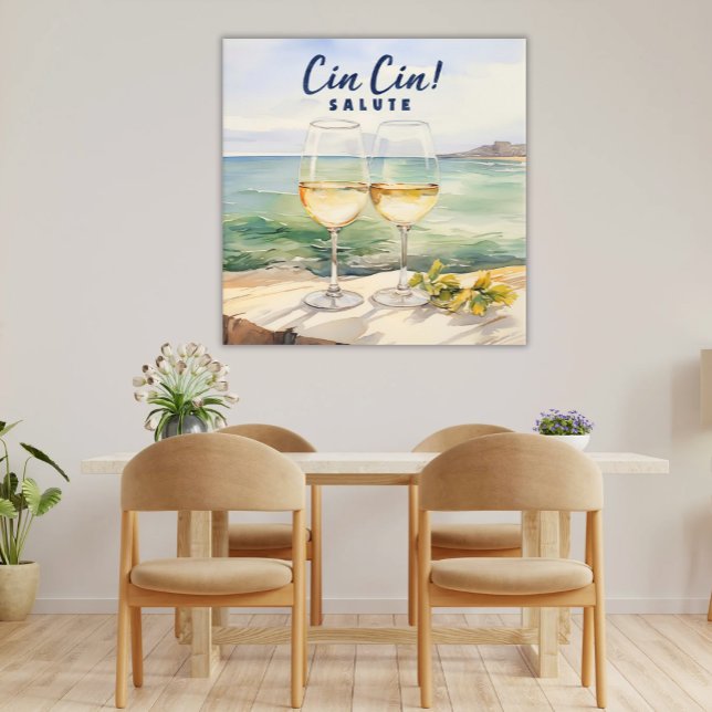 Pôster de torrada italiano Cin! Arte Costeira Saud (Cin Cin Salute Italian Coastal Watercolor Two Wine Glasses Toast the Mediterranean Sea Poster)