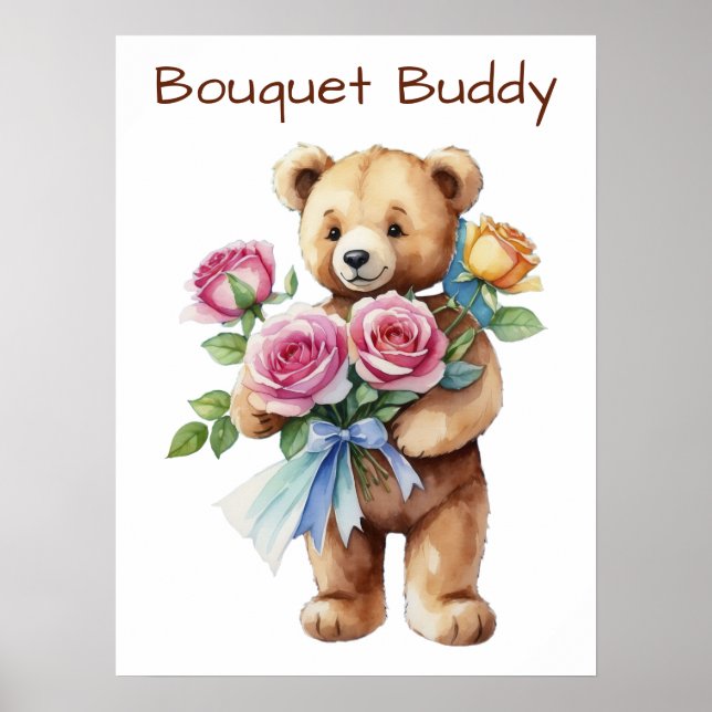 Poster de Urso de Pelúcia Fofo com Buquê de Flores (Frente)