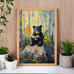 Poster de Urso Preto Fofo Lendo um Livro