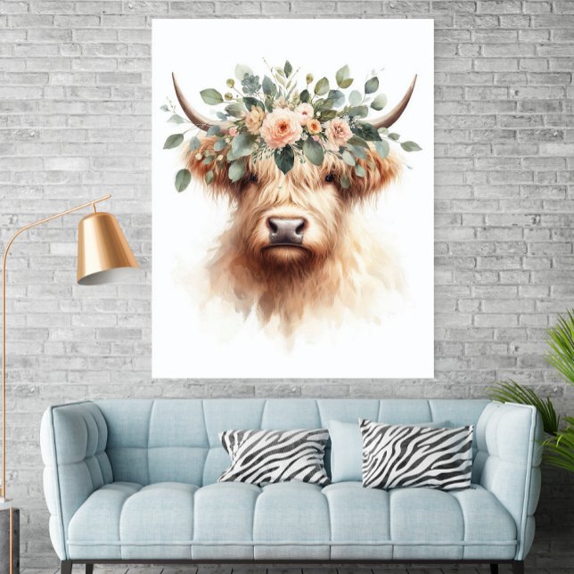 Pôster de Vaca de Fazenda Boho com Coroa Floral (Criador carregado)