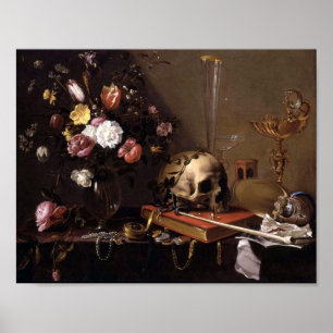 Poster De Vanitas vida ainda com buquê e crânio Adriaen