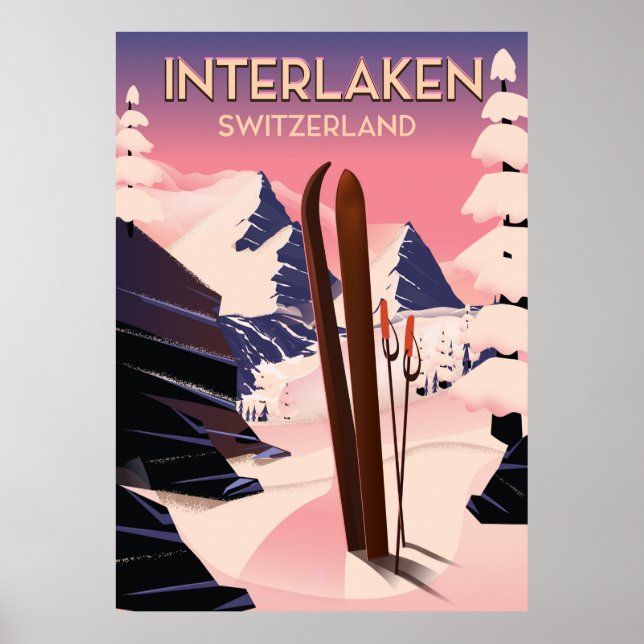 Poster de viagens de Esqui de Suiça Interlaken. (Frente)