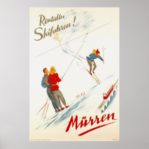 Poster de viagens de Esqui Murren Suiça Vintage